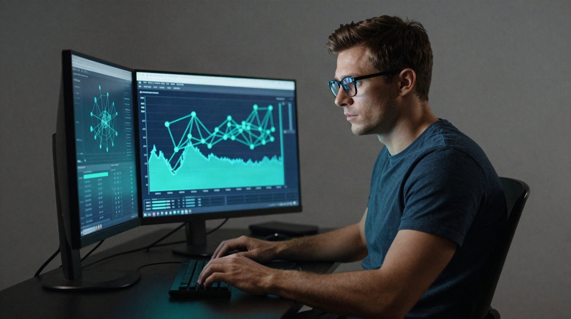 SEO-специалист анализирует данные на мониторе в темном офисе